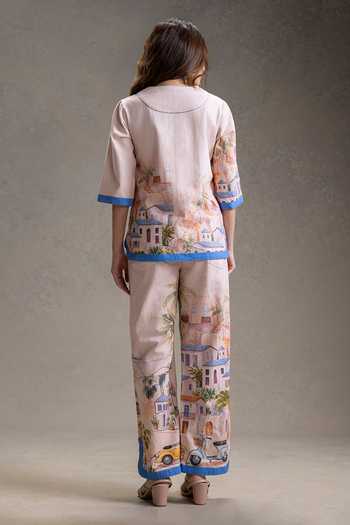 Soup By Sougat Paul_Pink Twill, Cotton Split V-neck Reviera Print Top With Pant _Online_at_Aza_Fashions