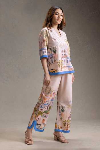 Buy_Soup By Sougat Paul_Pink Twill, Cotton Split V-neck Reviera Print Top With Pant _Online_at_Aza_Fashions