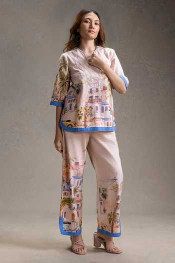 Shop_Soup By Sougat Paul_Pink Twill, Cotton Split V-neck Reviera Print Top With Pant _Online_at_Aza_Fashions