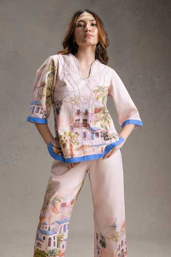 Soup By Sougat Paul_Pink Twill, Cotton Split V-neck Reviera Print Top With Pant _at_Aza_Fashions