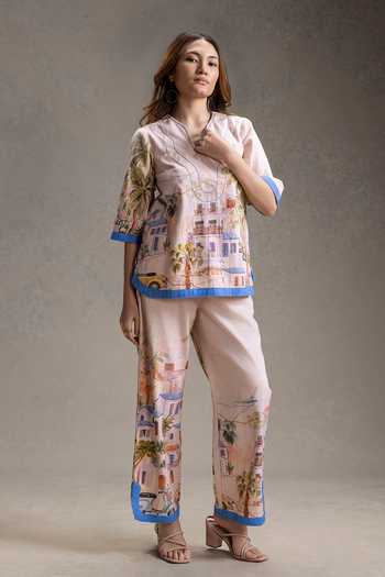 Buy_Soup By Sougat Paul_Pink Twill, Cotton Split V-neck Reviera Print Top With Pant _at_Aza_Fashions