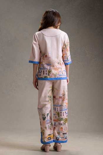 Shop_Soup By Sougat Paul_Pink Twill, Cotton Split V-neck Reviera Print Top With Pant _at_Aza_Fashions