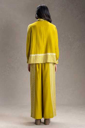 Shop_Soup By Sougat Paul_Mustard Linen Collared Kyomi Print Top With Pant _at_Aza_Fashions