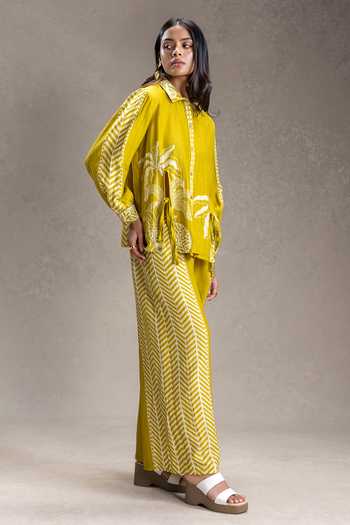 Soup By Sougat Paul_Mustard Linen Collared Kyomi Print Top With Pant _Online_at_Aza_Fashions