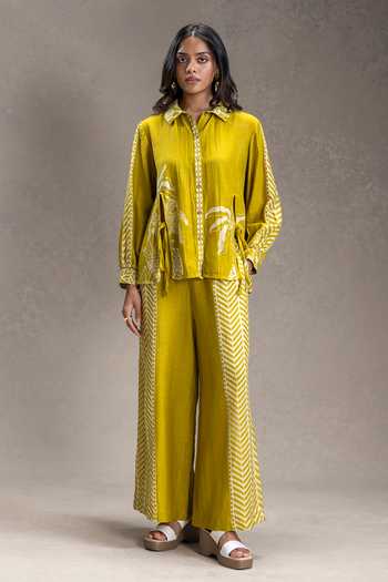 Buy_Soup By Sougat Paul_Mustard Linen Collared Kyomi Print Top With Pant _at_Aza_Fashions