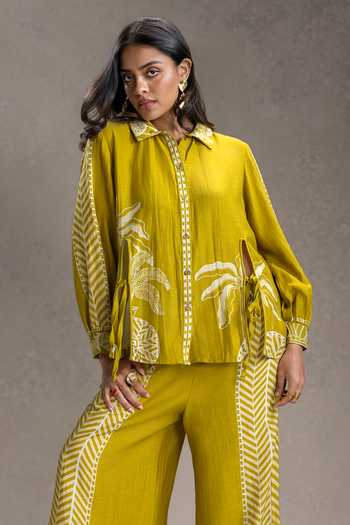 Buy_Soup By Sougat Paul_Mustard Linen Collared Kyomi Print Top With Pant _Online_at_Aza_Fashions