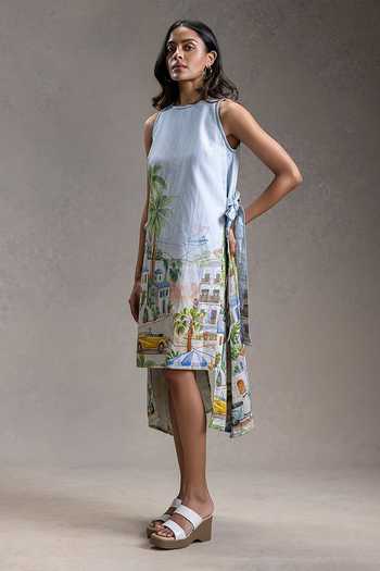 Buy_Soup By Sougat Paul_Blue Cotton, Twill Round Neck Reviera Print Dress _Online_at_Aza_Fashions