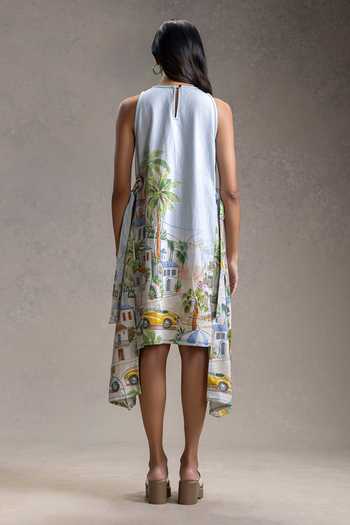 Shop_Soup By Sougat Paul_Blue Cotton, Twill Round Neck Reviera Print Dress _at_Aza_Fashions