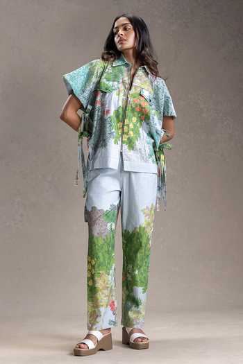 Shop_Soup By Sougat Paul_Blue Cotton, Twill Collared Blume Print Top With Pant _at_Aza_Fashions