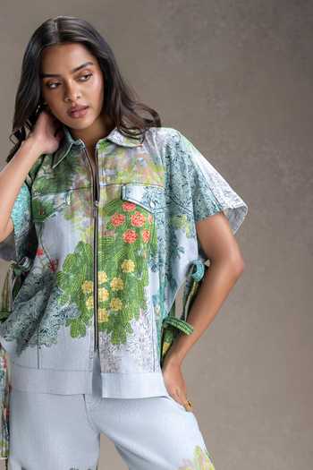 Buy_Soup By Sougat Paul_Blue Cotton, Twill Collared Blume Print Top With Pant _Online_at_Aza_Fashions