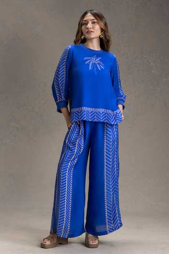 Buy_Soup By Sougat Paul_Blue Silk, Cotton Round Neck Kyomi Print Top With Pant _at_Aza_Fashions