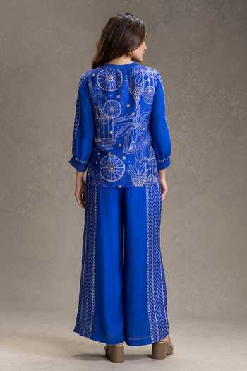 Shop_Soup By Sougat Paul_Blue Silk, Cotton Round Neck Kyomi Print Top With Pant _at_Aza_Fashions