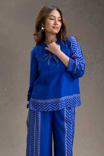 Buy_Soup By Sougat Paul_Blue Silk, Cotton Round Neck Kyomi Print Top With Pant _Online_at_Aza_Fashions