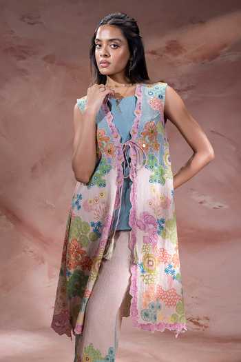 Soup By Sougat Paul_Blue Net, Handloom Cotton Square Neck, Kaia Embroidered Jacket Pant Set _Online_at_Aza_Fashions