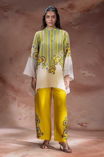 Buy_Soup By Sougat Paul_Yellow Linen Mandarin Collar Nooma Print Top Pant Set _at_Aza_Fashions