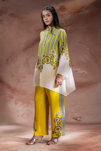 Buy_Soup By Sougat Paul_Yellow Linen Mandarin Collar Nooma Print Top Pant Set _Online_at_Aza_Fashions