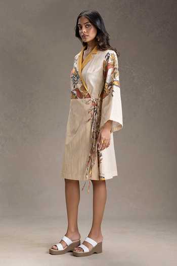Soup By Sougat Paul_Beige Cotton Collared Kyomi Print Dress _Online_at_Aza_Fashions