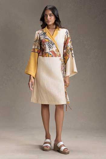 Buy_Soup By Sougat Paul_Beige Cotton Collared Kyomi Print Dress _at_Aza_Fashions