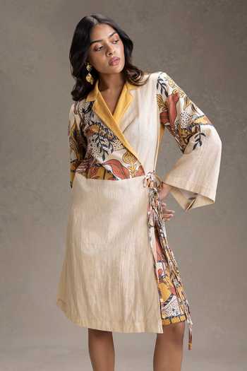 Shop_Soup By Sougat Paul_Beige Cotton Collared Kyomi Print Dress _Online_at_Aza_Fashions