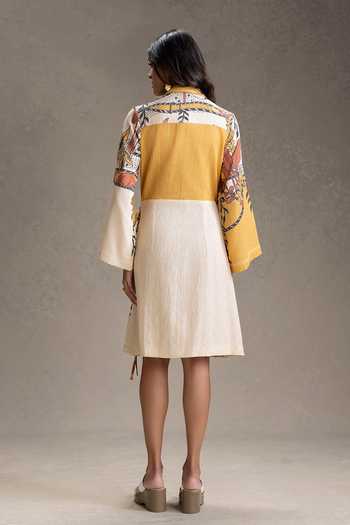 Shop_Soup By Sougat Paul_Beige Cotton Collared Kyomi Print Dress _at_Aza_Fashions