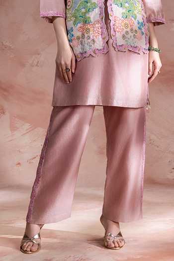 Soup By Sougat Paul_Pink Chanderi, Handloom Cotton V-neck, Yes, Kaia Embroidered Jacket Pant Set _Online_at_Aza_Fashions
