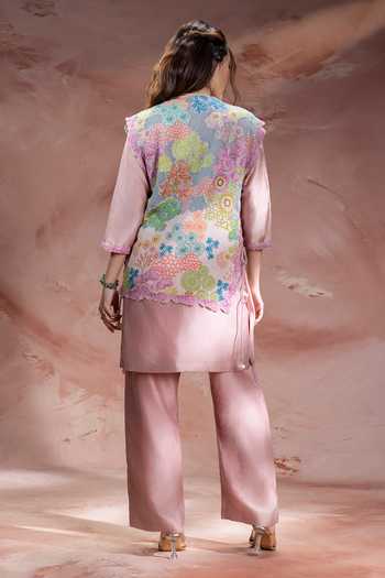 Shop_Soup By Sougat Paul_Pink Chanderi, Handloom Cotton V-neck, Yes, Kaia Embroidered Jacket Pant Set _at_Aza_Fashions