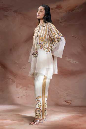 Buy_Soup By Sougat Paul_Beige Silk Mandarin Collar, Yes Nooma Print Tunic Trouser Set _Online_at_Aza_Fashions