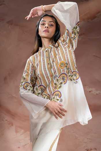 Shop_Soup By Sougat Paul_Beige Silk Mandarin Collar, Yes Nooma Print Tunic Trouser Set _Online_at_Aza_Fashions