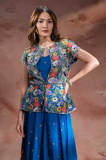 Soup By Sougat Paul_Teal Chanderi Round Neck Baghira Print Jacket And Asymmetric Dress Set _Online_at_Aza_Fashions
