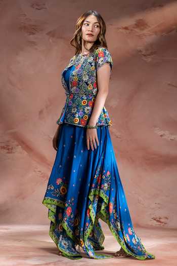 Buy_Soup By Sougat Paul_Teal Chanderi Round Neck Baghira Print Jacket And Asymmetric Dress Set _Online_at_Aza_Fashions