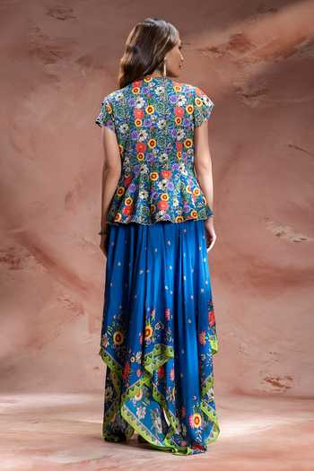 Shop_Soup By Sougat Paul_Teal Chanderi Round Neck Baghira Print Jacket And Asymmetric Dress Set _at_Aza_Fashions