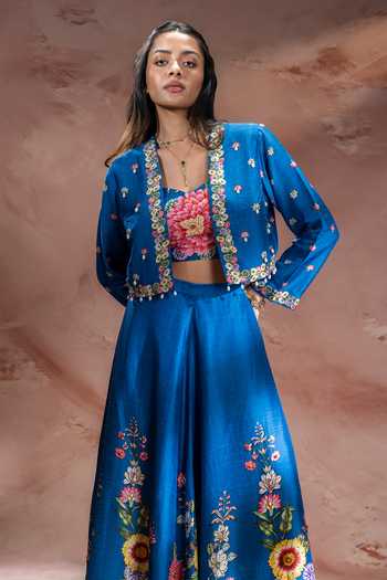 Shop_Soup By Sougat Paul_Teal Silk Sweetheart , Open Baghira Embroidered Jacket Skirt Set _Online_at_Aza_Fashions