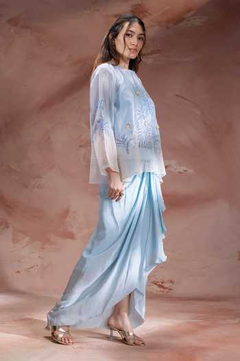Soup By Sougat Paul_Blue Chanderi, Net Round Neck Alisa Embroidered Top Skirt Set _Online_at_Aza_Fashions