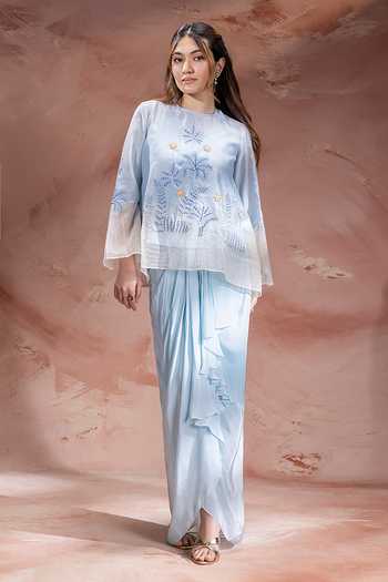 Buy_Soup By Sougat Paul_Blue Chanderi, Net Round Neck Alisa Embroidered Top Skirt Set _at_Aza_Fashions