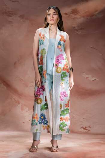Buy_Soup By Sougat Paul_Sky Blue Chanderi, Net Shawl Neck Kaia Applique Jacket Pant Set _at_Aza_Fashions