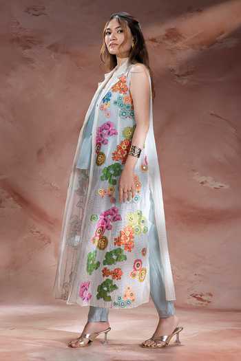 Soup By Sougat Paul_Sky Blue Chanderi, Net Shawl Neck Kaia Applique Jacket Pant Set _at_Aza_Fashions