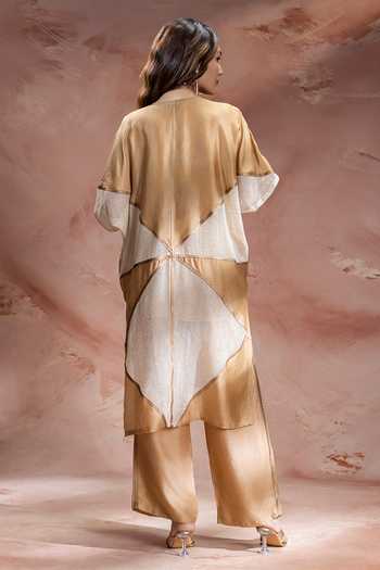 Shop_Soup By Sougat Paul_Beige Chanderi, Linen V-, Open Zinnia Applique Jacket Pant Set _at_Aza_Fashions