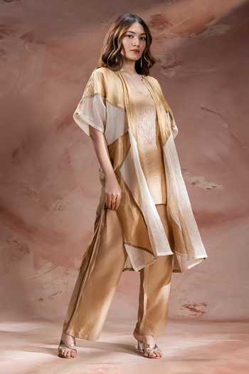 Buy_Soup By Sougat Paul_Beige Chanderi, Linen V-, Open Zinnia Applique Jacket Pant Set _Online_at_Aza_Fashions