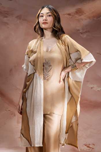 Shop_Soup By Sougat Paul_Beige Chanderi, Linen V-, Open Zinnia Applique Jacket Pant Set _Online_at_Aza_Fashions