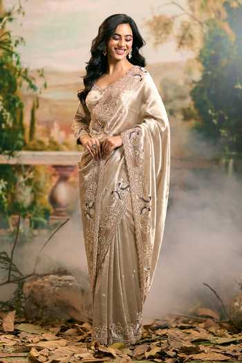 Buy_Samyukta Singhania_Gold Tissue Hand Embroidered Saree And Blouse Set _Online_at_Aza_Fashions