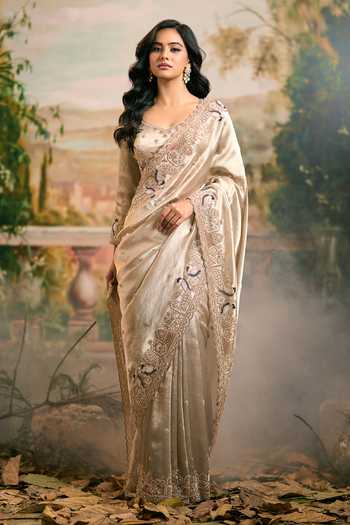 Shop_Samyukta Singhania_Gold Tissue Hand Embroidered Saree And Blouse Set _Online_at_Aza_Fashions