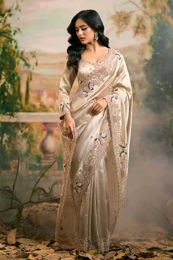 Shop_Samyukta Singhania_Gold Tissue Hand Embroidered Saree And Blouse Set 