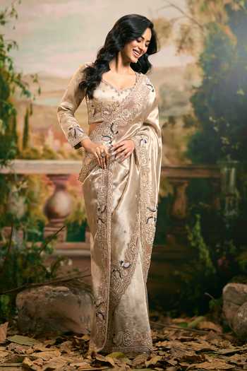Samyukta Singhania_Gold Tissue Hand Embroidered Saree And Blouse Set _Online