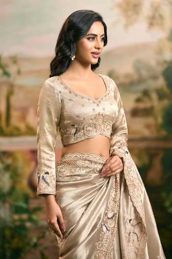 Buy_Samyukta Singhania_Gold Tissue Hand Embroidered Saree And Blouse Set _Online