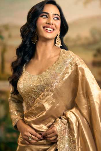 Shop_Samyukta Singhania_Gold Tissue Scoop Neck Banarsi Saree And Blouse Set _Online_at_Aza_Fashions