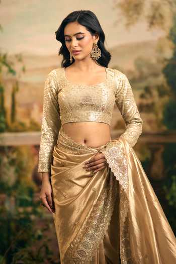 Shop_Samyukta Singhania_Gold Tissue Scoop Neck Banarsi Saree And Blouse Set 