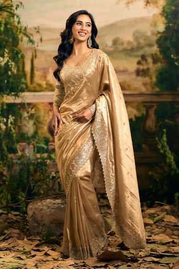 Shop_Samyukta Singhania_Gold Tissue Scoop Neck Banarsi Saree And Blouse Set _Online