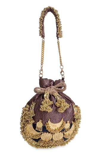 5elements_Black Beads, Zari, Tassels, Chains Swarna Lalika Cresent Moon Embellished Potli _Online_at_Aza_Fashions