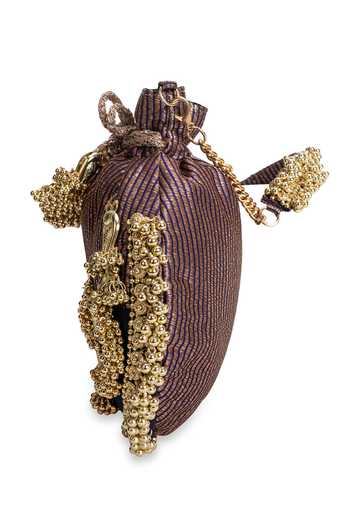 Buy_5elements_Black Beads, Zari, Tassels, Chains Swarna Lalika Cresent Moon Embellished Potli _Online_at_Aza_Fashions