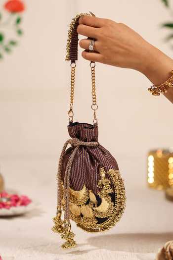 Shop_5elements_Black Beads, Zari, Tassels, Chains Swarna Lalika Cresent Moon Embellished Potli _Online_at_Aza_Fashions